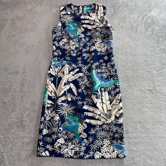 J McLaughlin Dress Womens 2 Blue Belinda Parrot Kay Sheath Tropical Bird - Picture 1 of 9